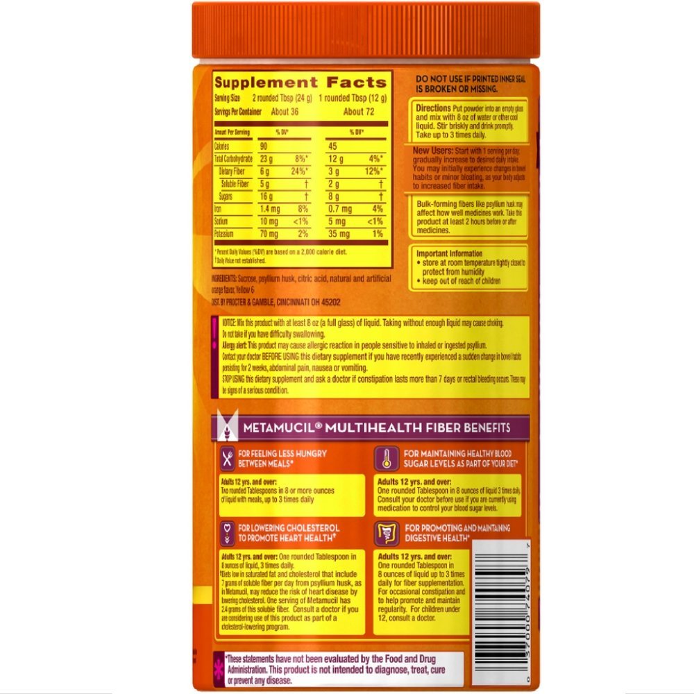 Metamucil Psyllium Fiber Supplement Powder, Sugar, Orange, 72 Tbsp