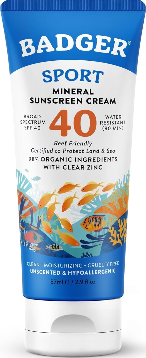 Badger Reef Safe Sunscreen, Unscented SPF 40 Sport Mineral Sunscreen -  2.9 fl oz