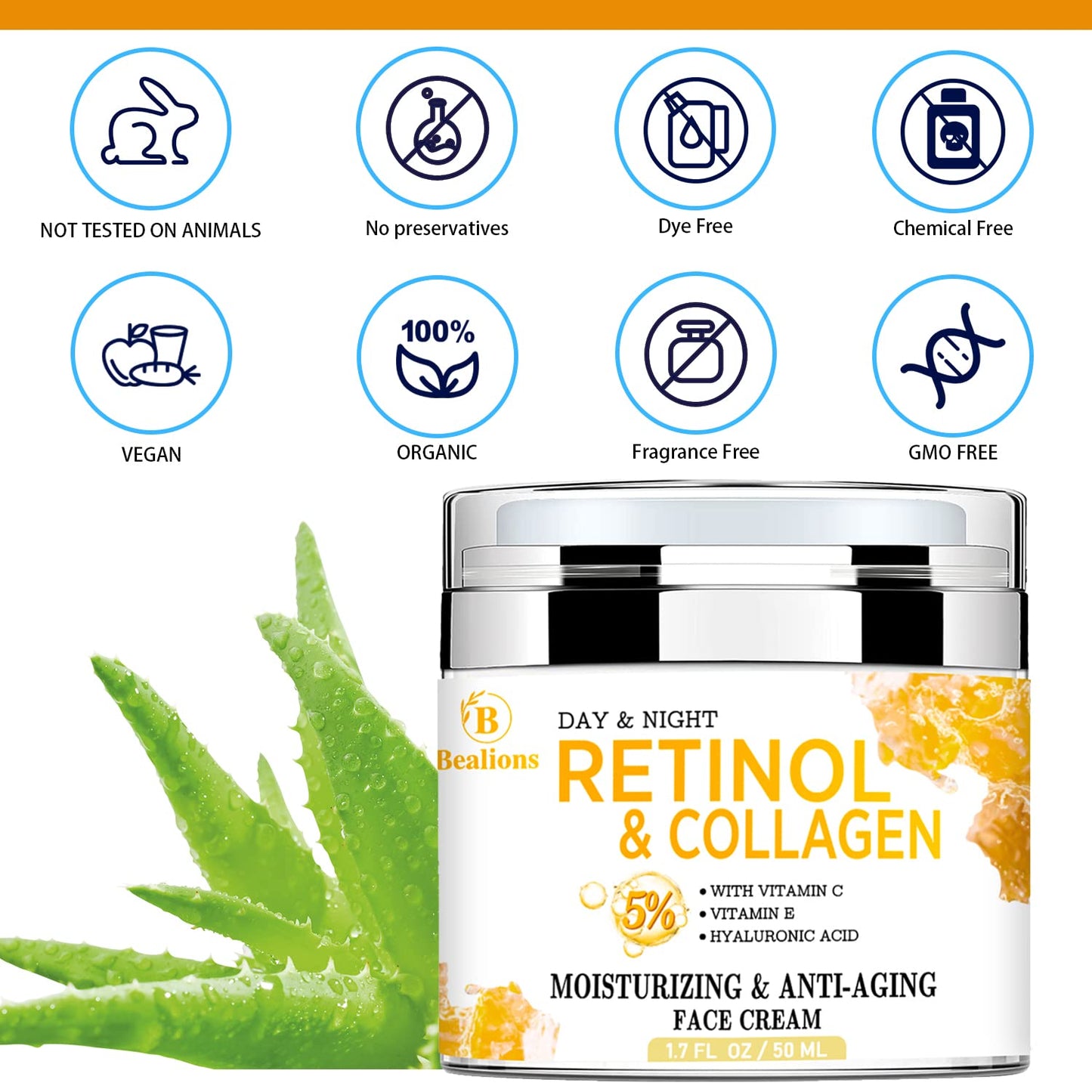 Bealions Retinol Collagen Cream - Hydrating Hyaluronic Acid Face Moisturizer