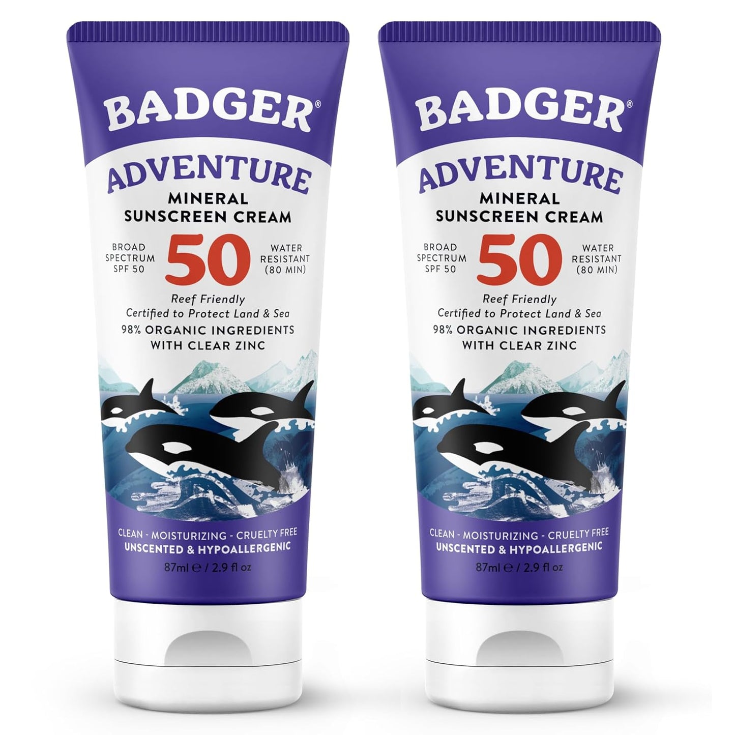 Badger Reef Safe Mineral Sunscreen, SPF 50  - 2.9 fl oz (2 Pack)