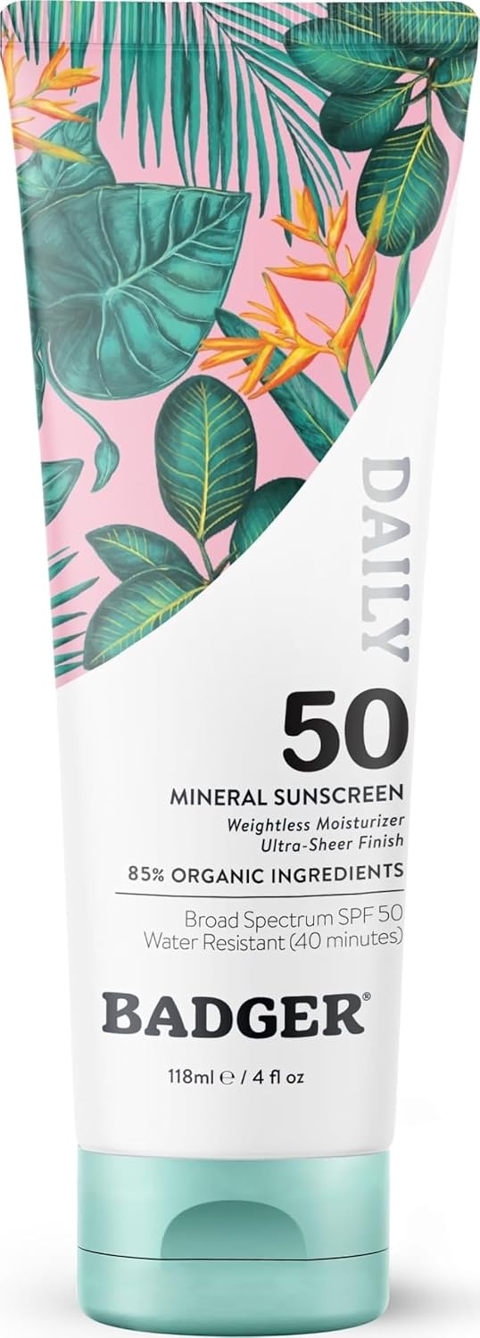 Badger SPF 50 Daily Mineral Sunscreen with Zinc Oxide, 85% Organic - 4 fl oz
