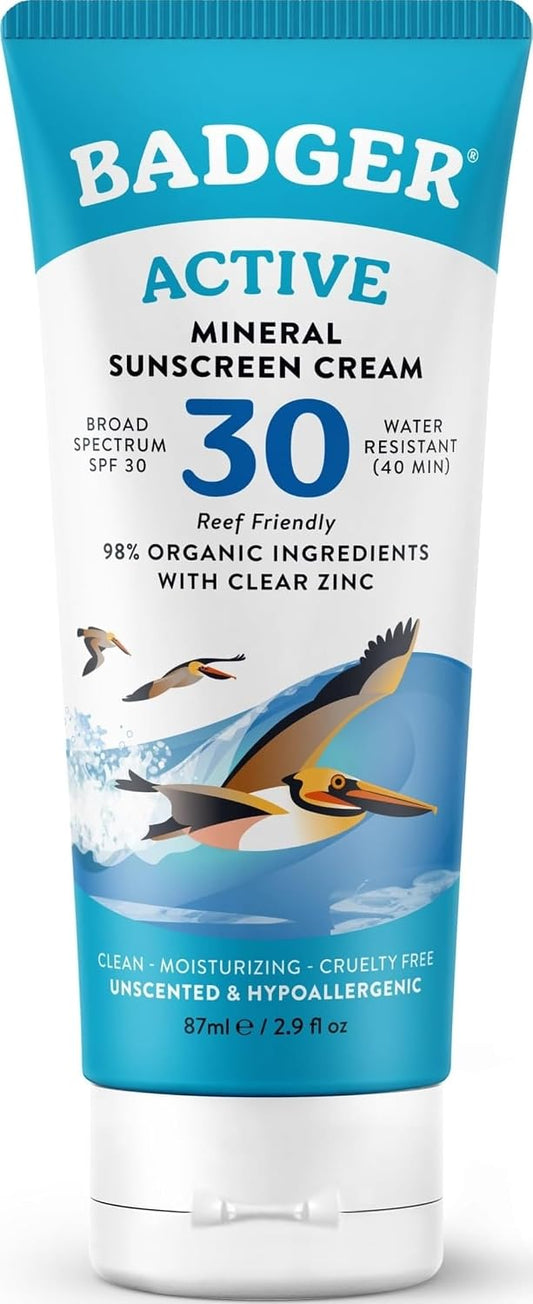 Badger Mineral Sunscreen Cream SPF 30, Zinc Oxide Sun Care - 2.9 fl oz
