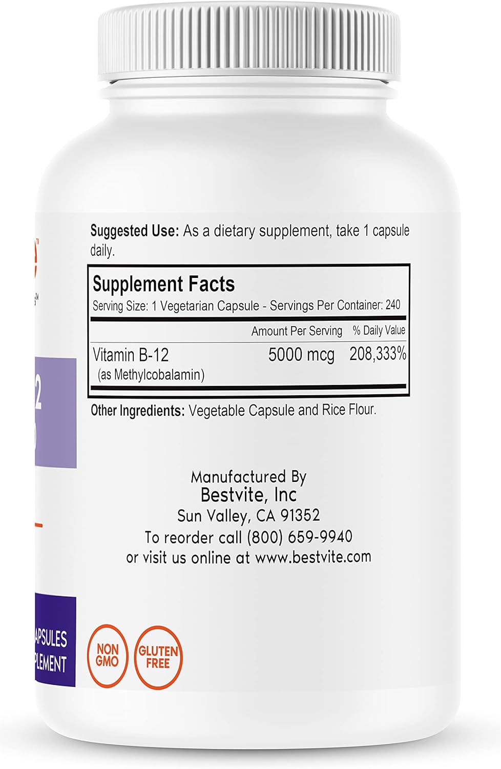 BESTVITE Vitamin B12 (Methylcobalamin) 5000mcg (240 Vegetarian Capsules)