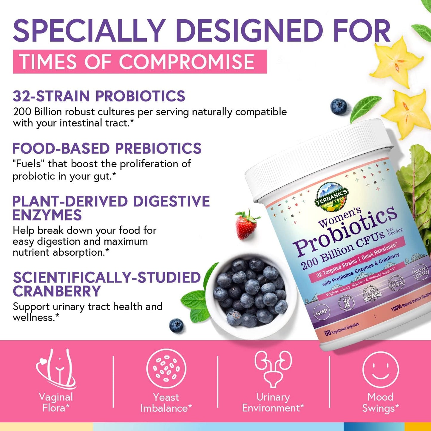 Terranics Daily Probiotics for Women, 200 Billion 32 Strains Womens Probiotics,60 capsules