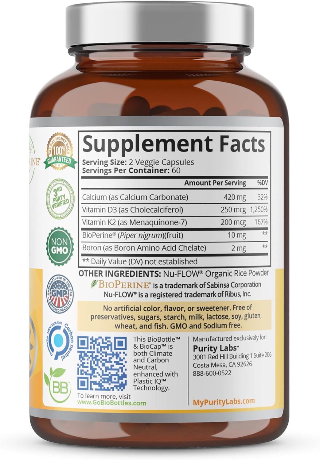 Purity Labs Vitamin D3 K2 10000 IU, (250mcg) D3 + 200mcg K2 MK7 - 120 Capsules