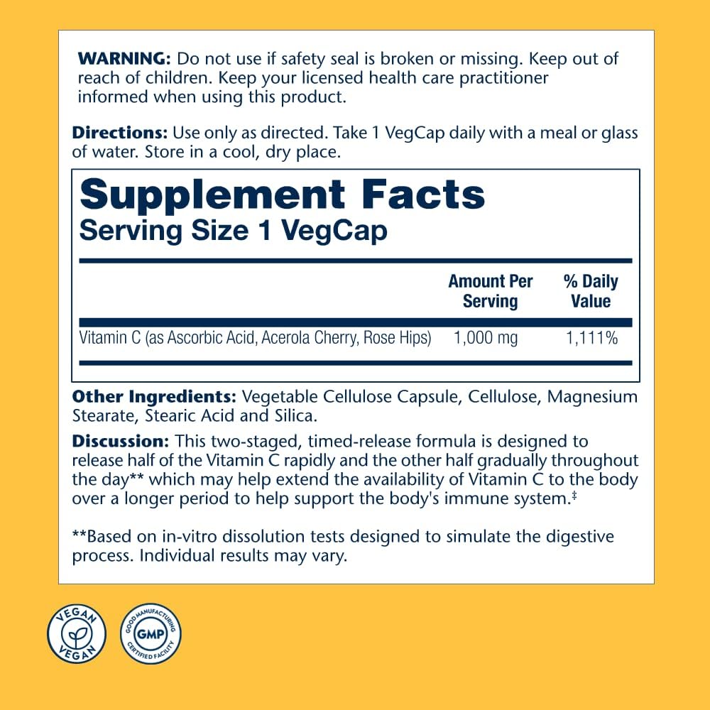 SOLARAY Vitamin C 1000mg Timed Release Capsules with Rose Hips 100 count