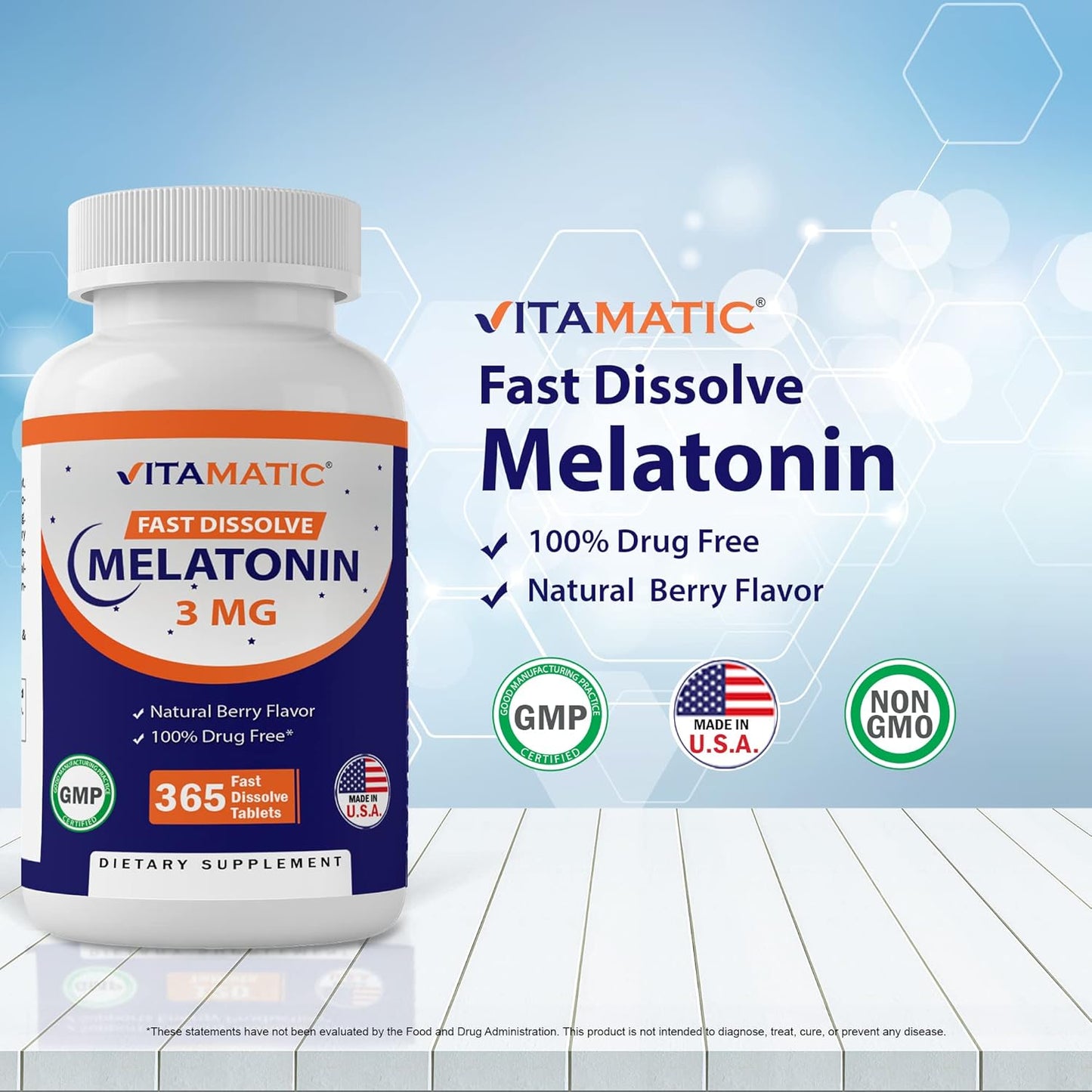 Vitamatic Melatonin 3mg  Vegetarian Natural Berry Flavor - 365 Tablets