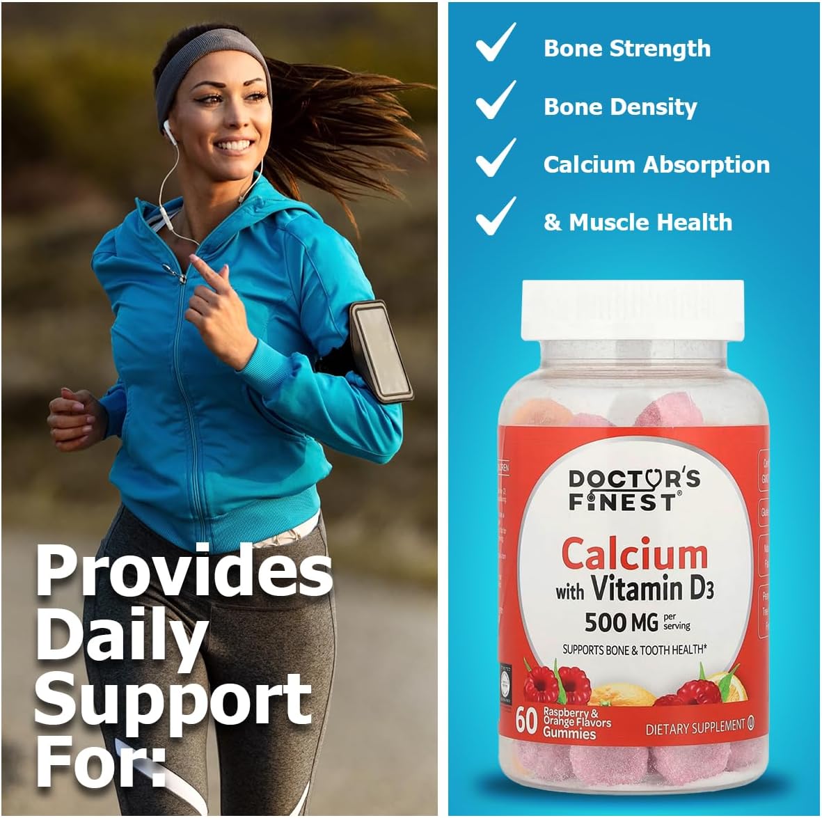 Doctor's Finest Calcium with Vitamin D3, Orange and Berry, 500 mg - 60 Gummies