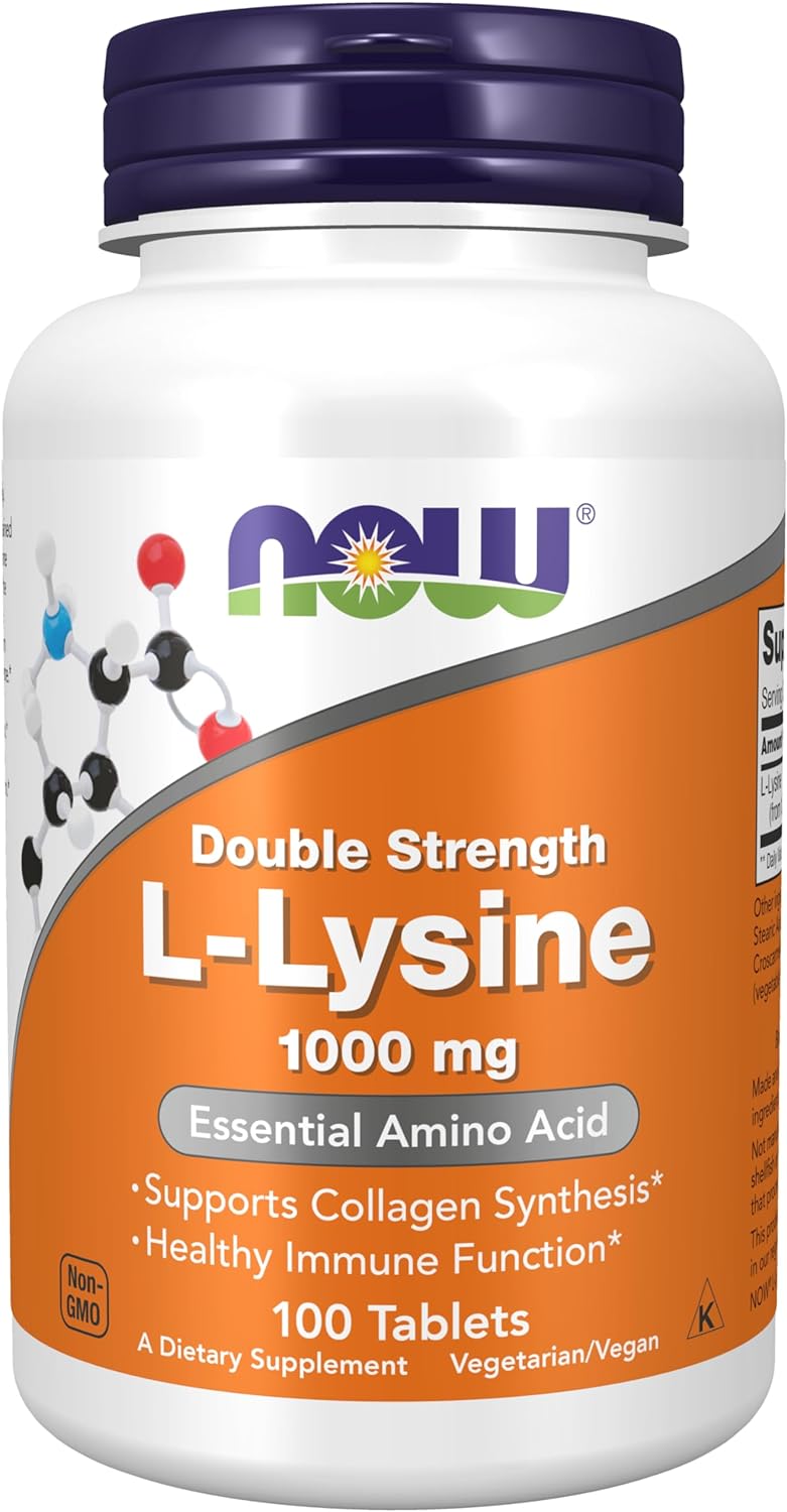 NOW Supplements, (L-Lysine Hydrochloride) 1,000 mg, Double Strength, Amino Acid, 100 Tablets