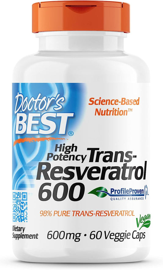 Doctor's Best Trans-Resveratrol 600, Non-GMO, Vegan, Gluten Free, Soy Free, 600 mg, 60 Veggie Caps