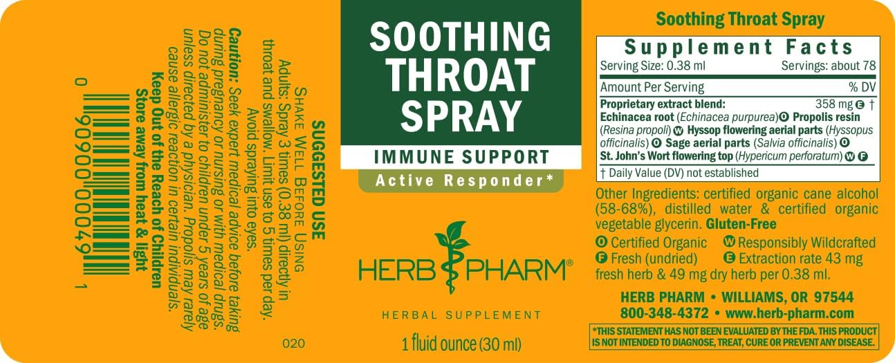 Herb Pharm Soothing Throat Spray Herbal Formula with Echinacea and Propolis, 1 Fl Oz