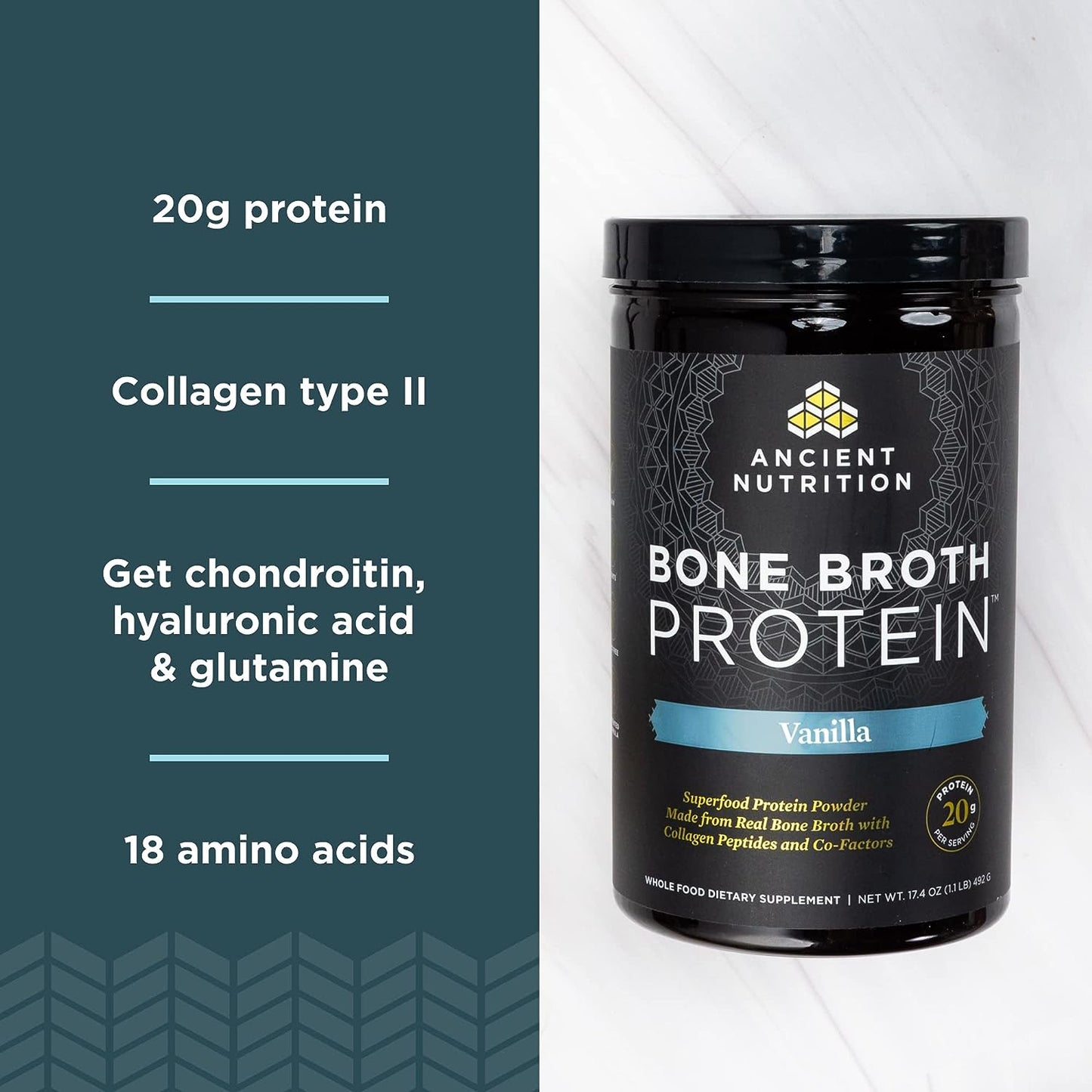 Ancient Nutrition protein Powder Bone Broth  Vanilla 20g per serving