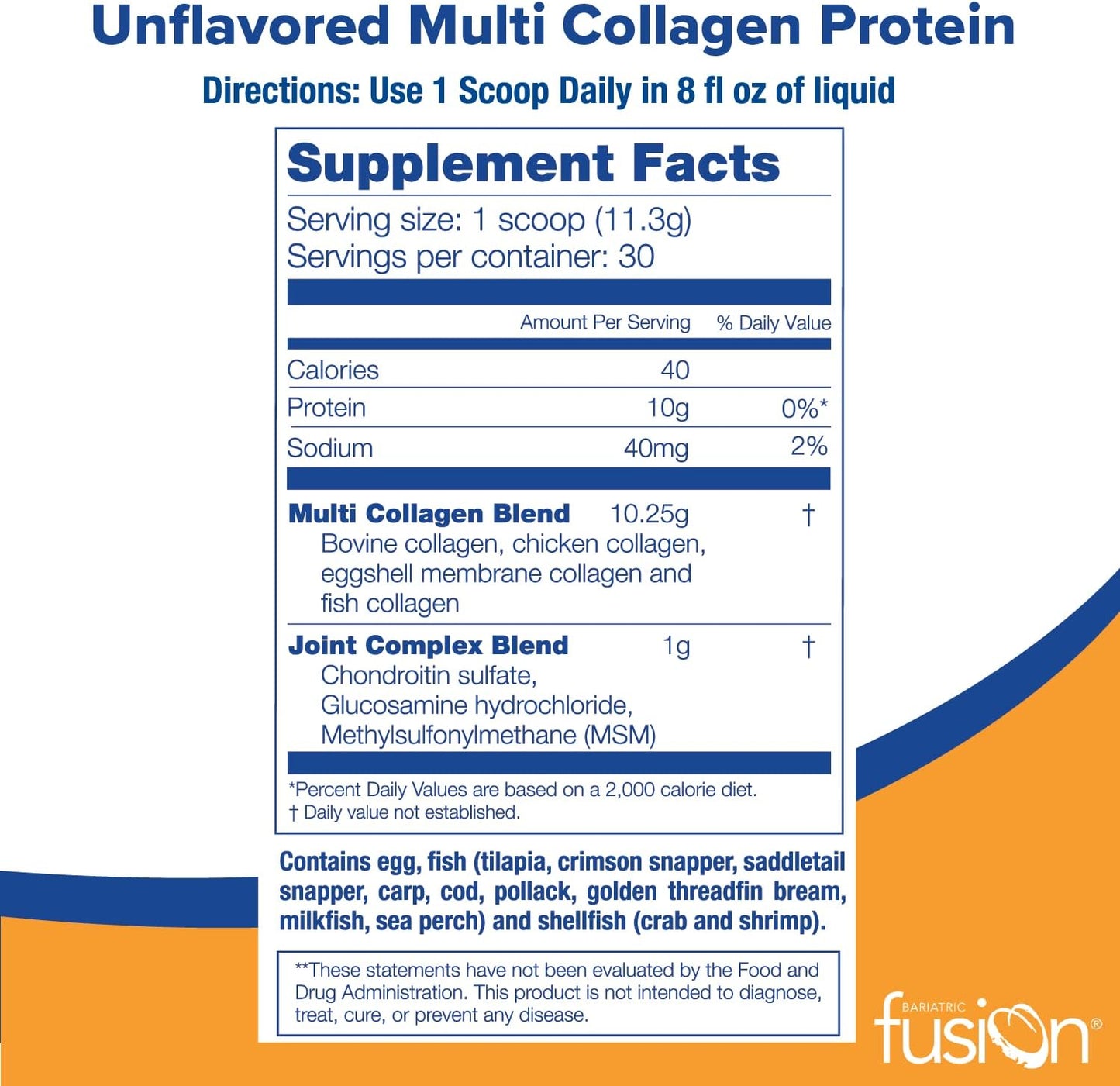 Bariatric Fusion Unflavored Multi Collagen Protein Powder | Plus Joint Support Complex of MSM and Glucosamine | Dairy, Gluten & Soy Free | Non-GMO | 30 Servings