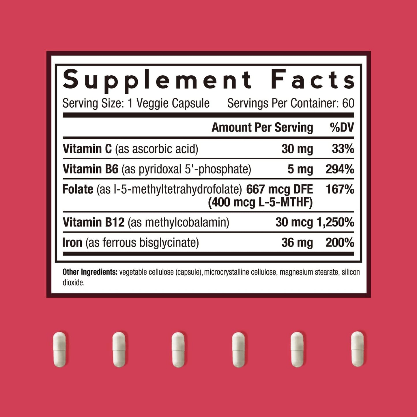 Doctor's Recipes Iron Supplement, with Vitamin C, B6, Folate & B12- 60 capsules