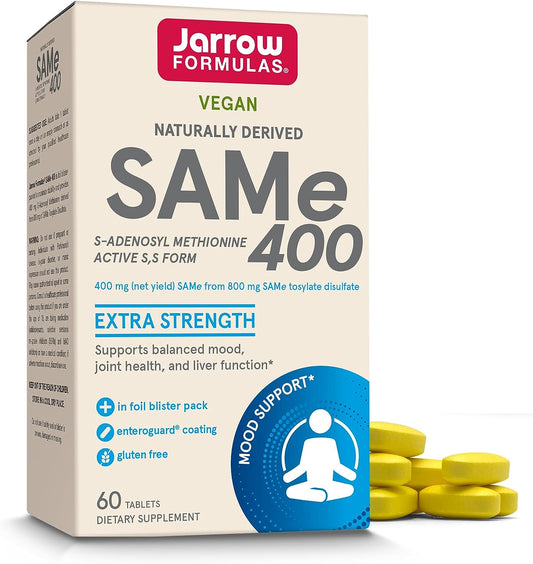 Jarrow Formulas SAMe 400 mg Extra Strength Vegan Naturally Derived SAMe 60 Tablets
