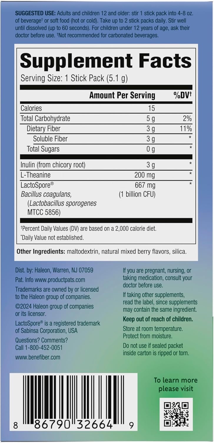 Benefiber Dual Action Biotic Plus Stress Relief - 18 Count Stick Packs