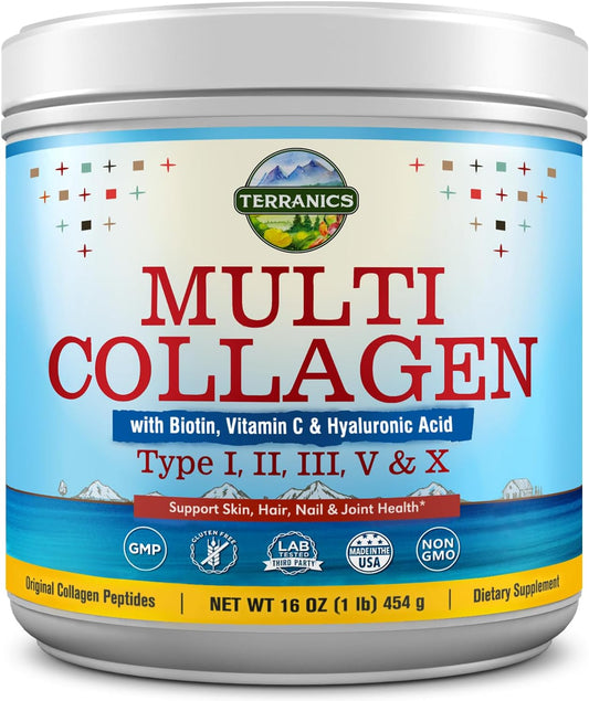 Terranics Multi Collagen Powder Type I II II V X with Biotin VC Hyaluronic Acid,16 oz