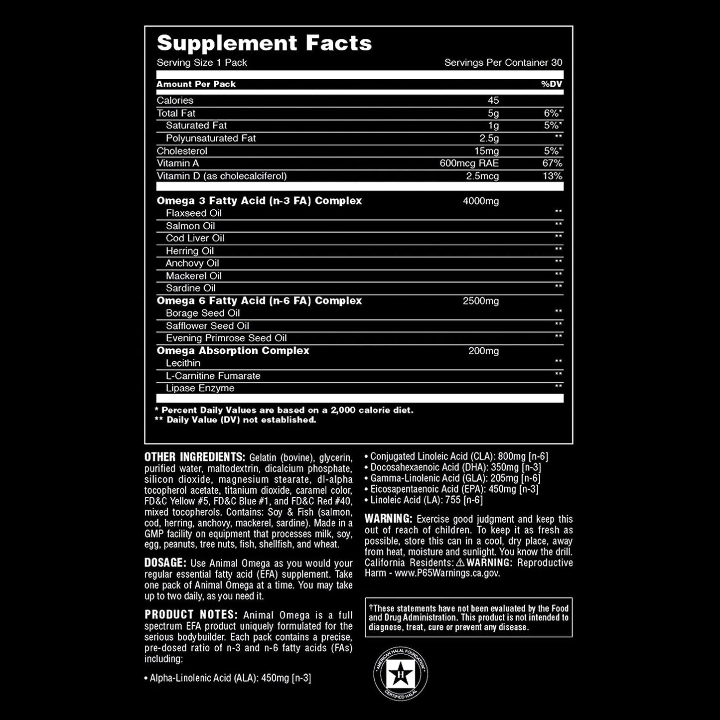Animal Omega – Omega 3 & 6 Supplement – 30 Day pack