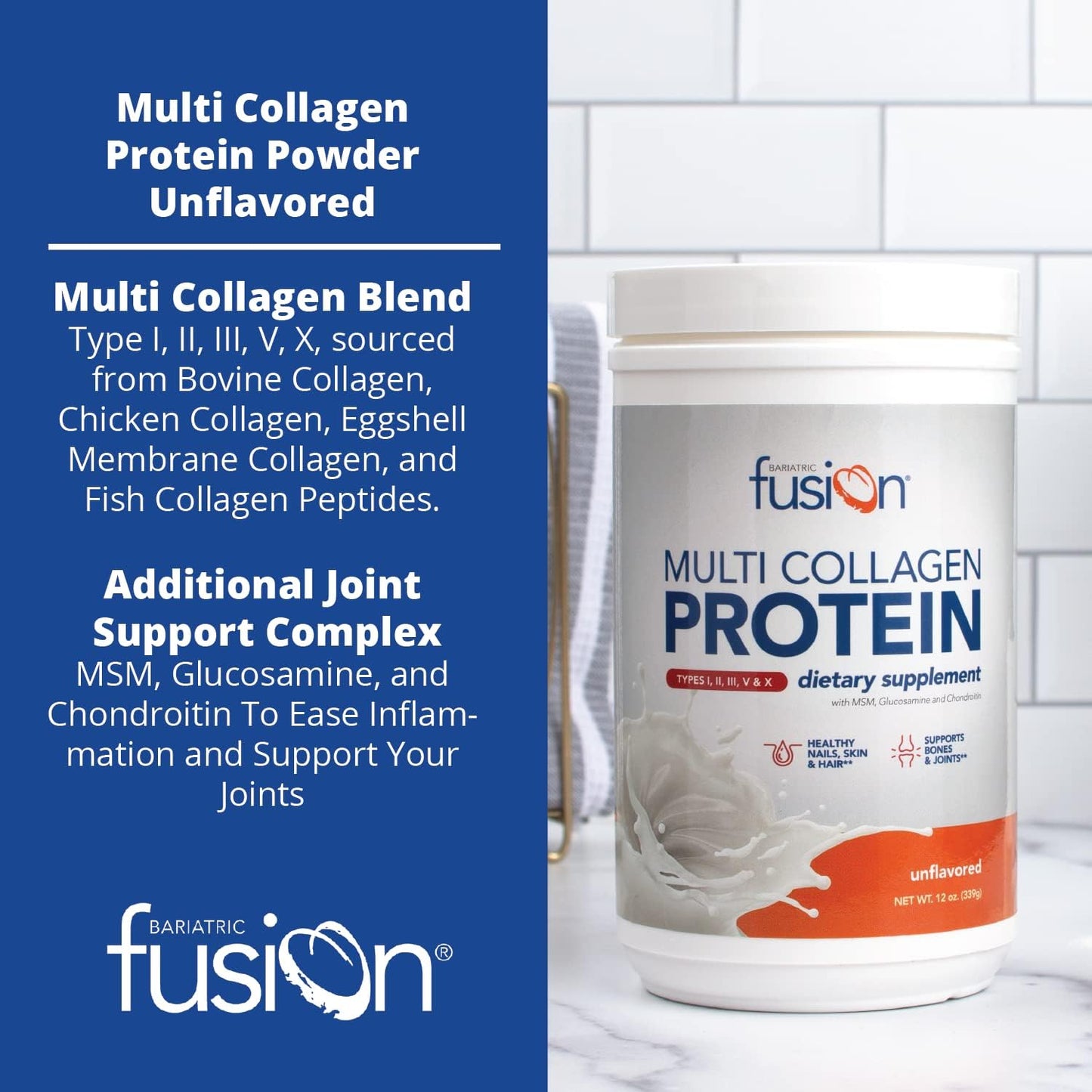 Bariatric Fusion Unflavored Multi Collagen Protein Powder | Plus Joint Support Complex of MSM and Glucosamine | Dairy, Gluten & Soy Free | Non-GMO | 30 Servings