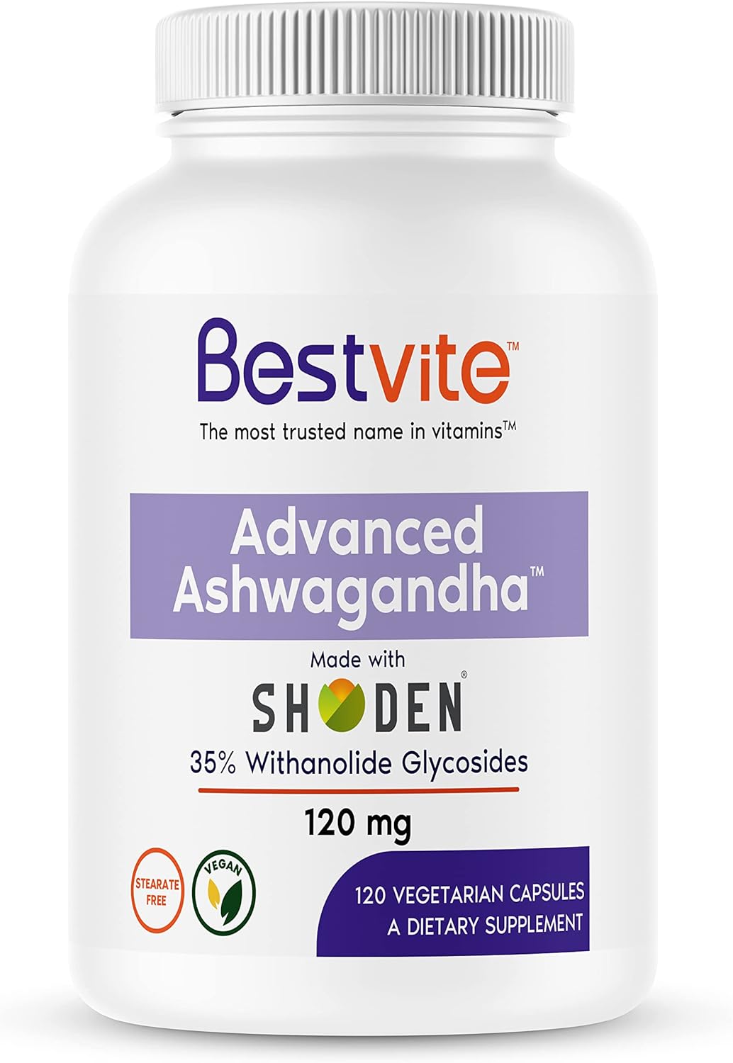 BESTVITE Advanced Ashwagandha 120mg w/Shoden (120 Vegetarian Capsules)
