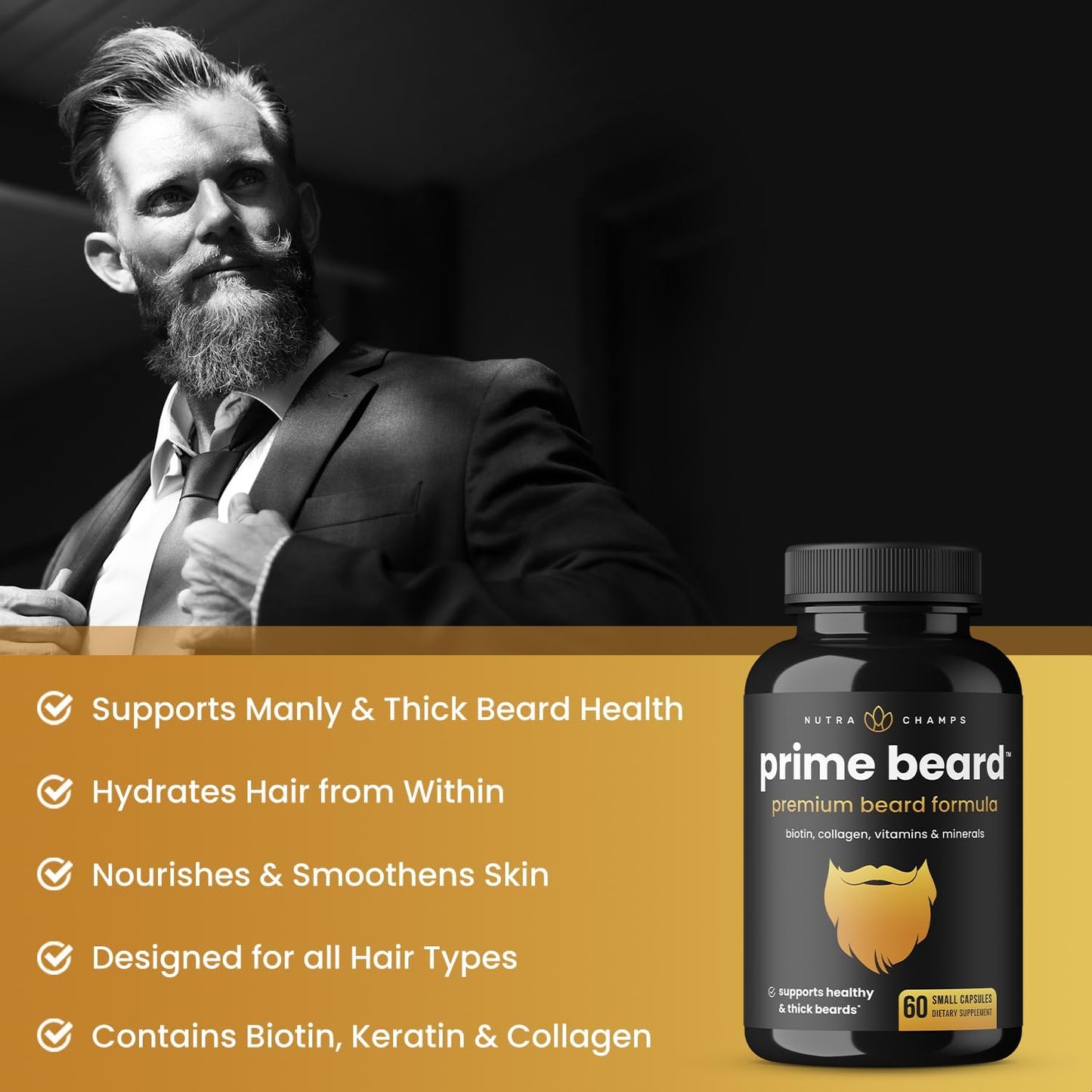 NutraChamps Prime Beard Vitamins | Manly, Thick, Fast & Healthy Facial Hair for Men 60 count