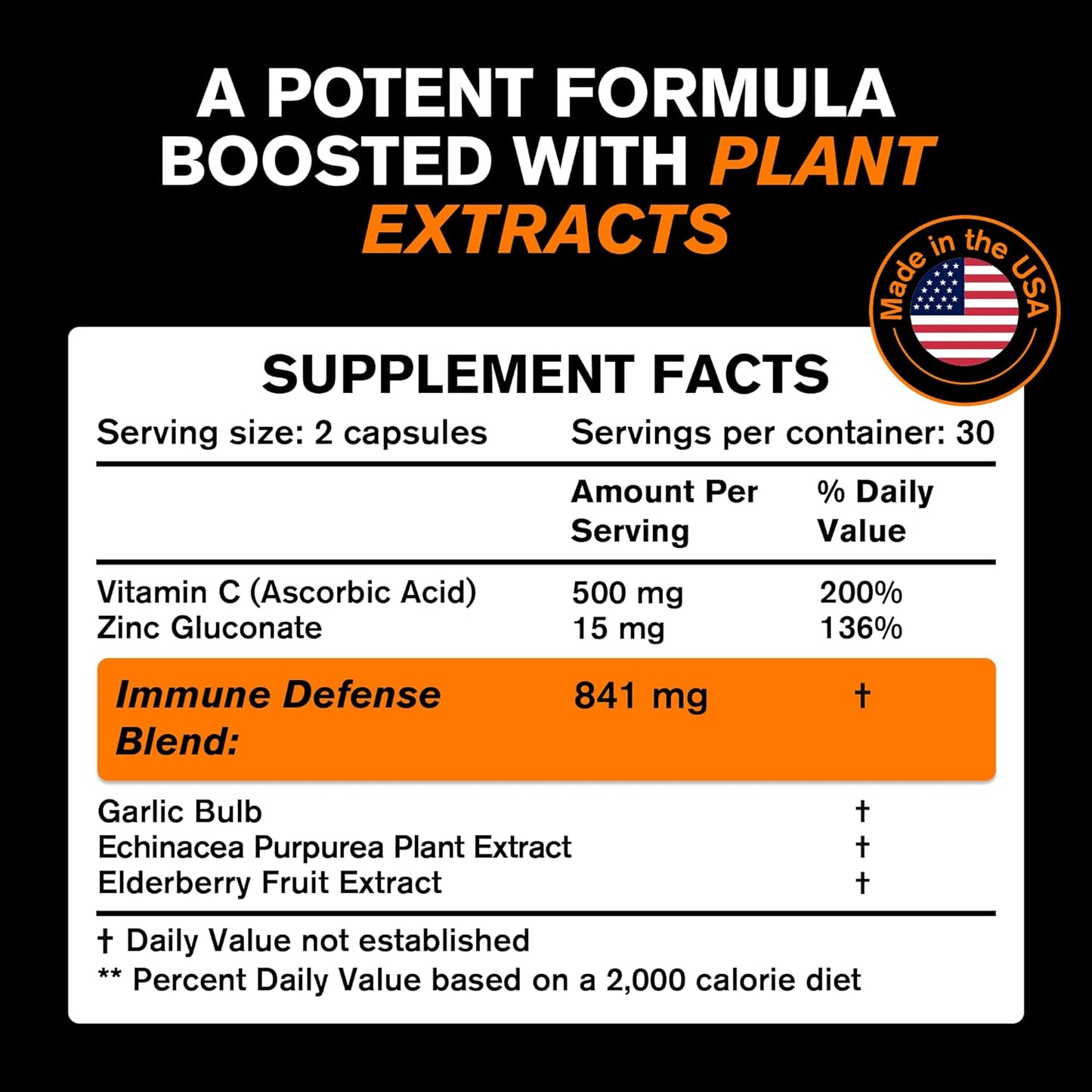 Immune Support Vitamins - Elderberry with Zinc, Vitamin C, and Garlic for Adults -60 capsules