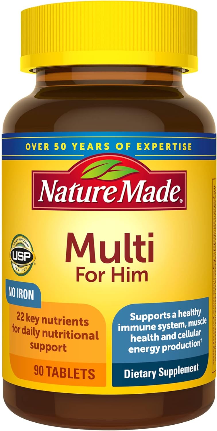 Nature Made Multivitamin For Him with No Iron, Mens Multivitamins for Daily 90 Tablets