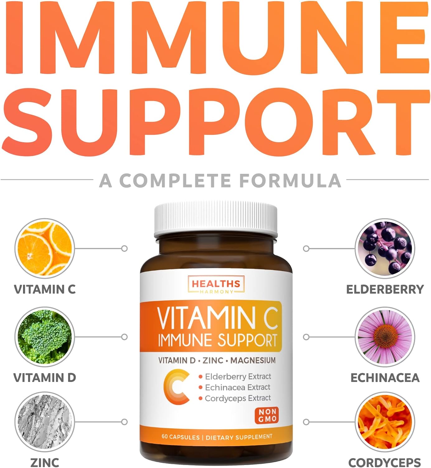 Immune Support Supplement  Elderberry Vitamin C 60 Vegetarian Capsules