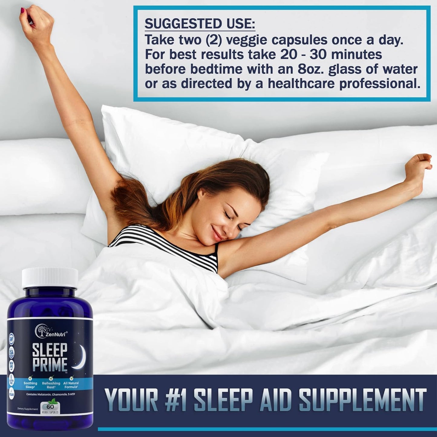 Sleep Prime Vegan Natural Sleep Aid for Adult Extra Strength - 60 Veggie caps