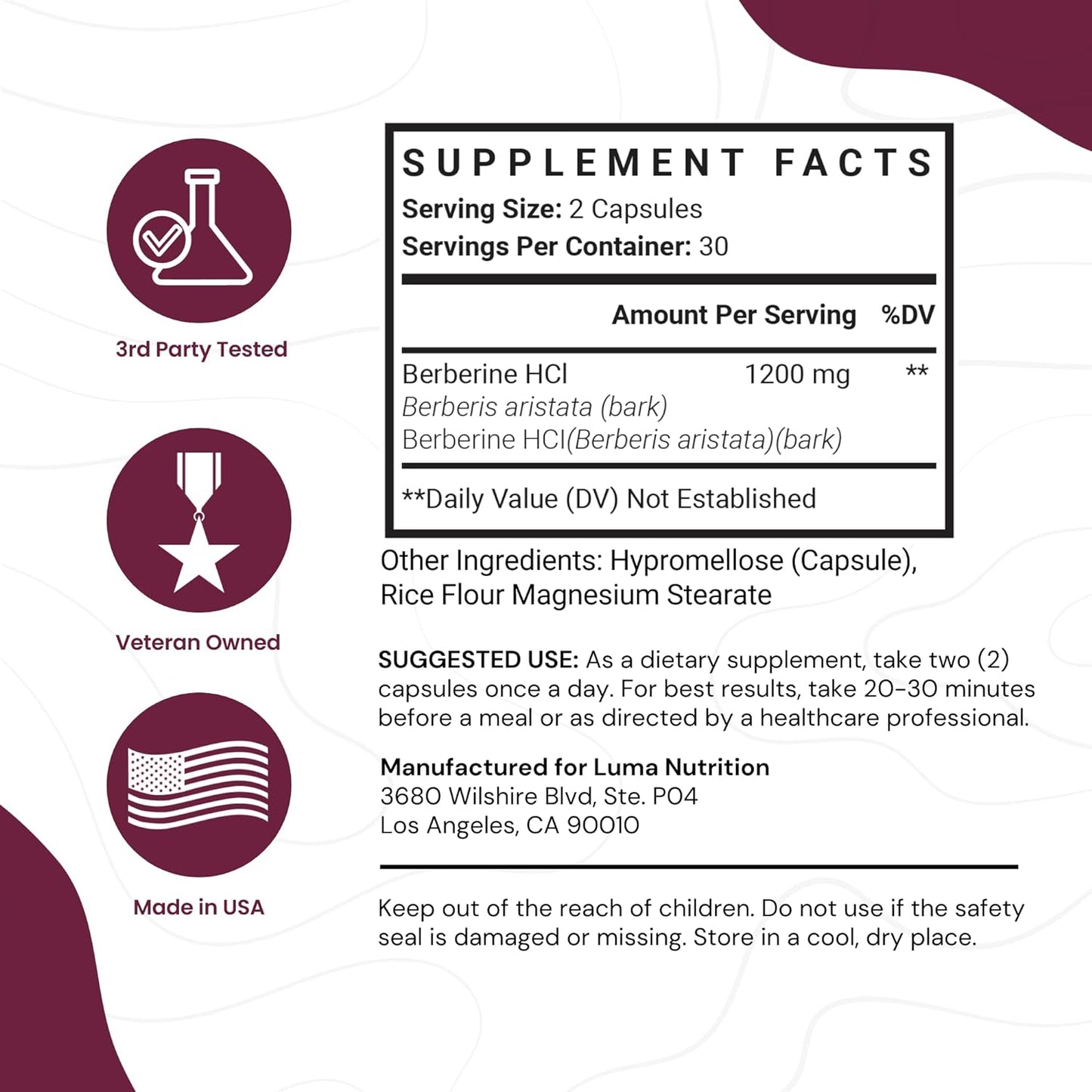Berberine Supplement - Berberine 1200mg Per Serving - 60 capules