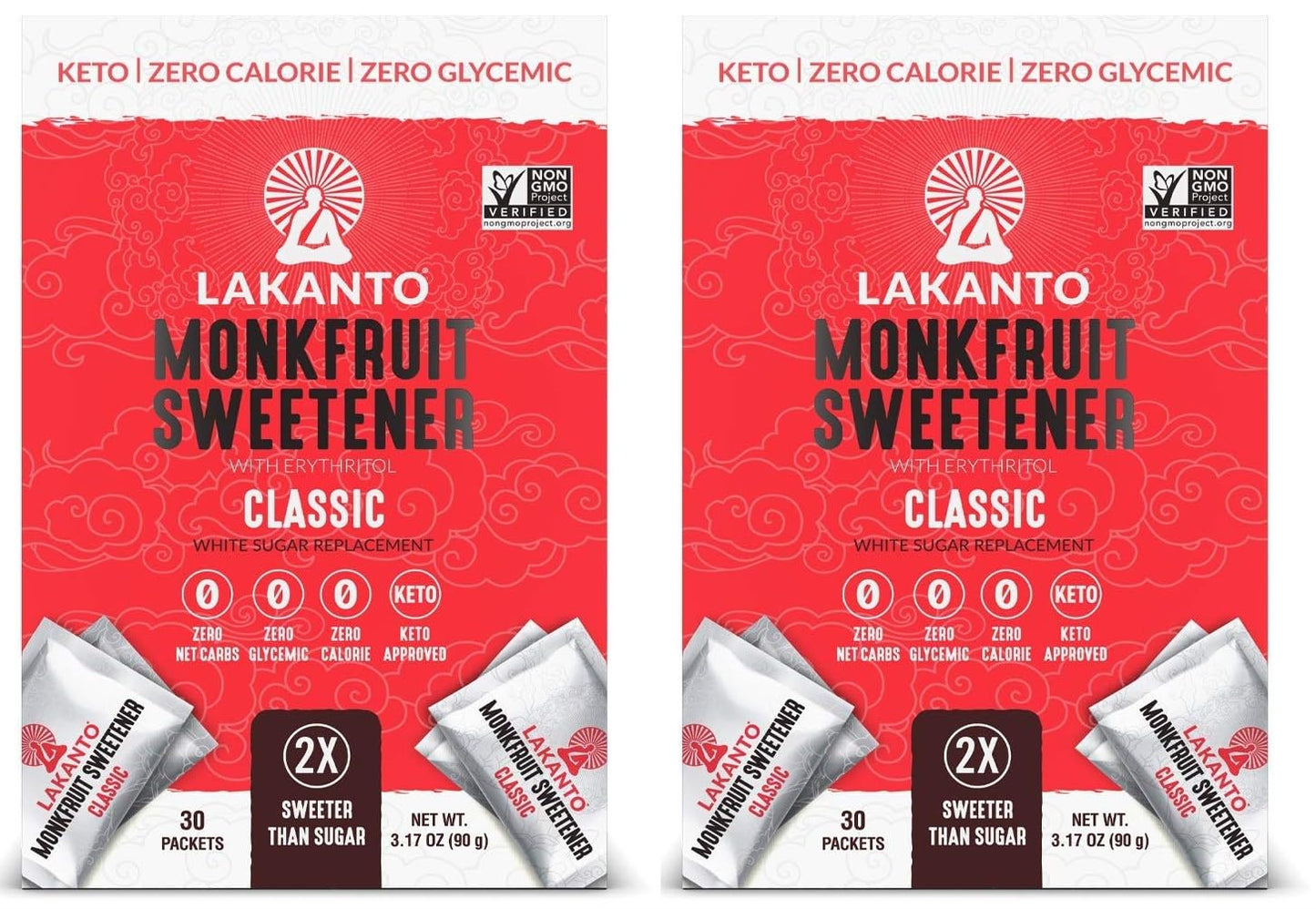 Lakanto Classic Monk Fruit Sweetener Packets - Classic, 30 Count- Pack of 2