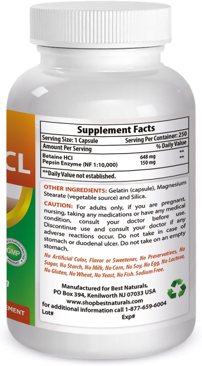 Best Naturals Betaine HCL 648 mg 250 Capsules