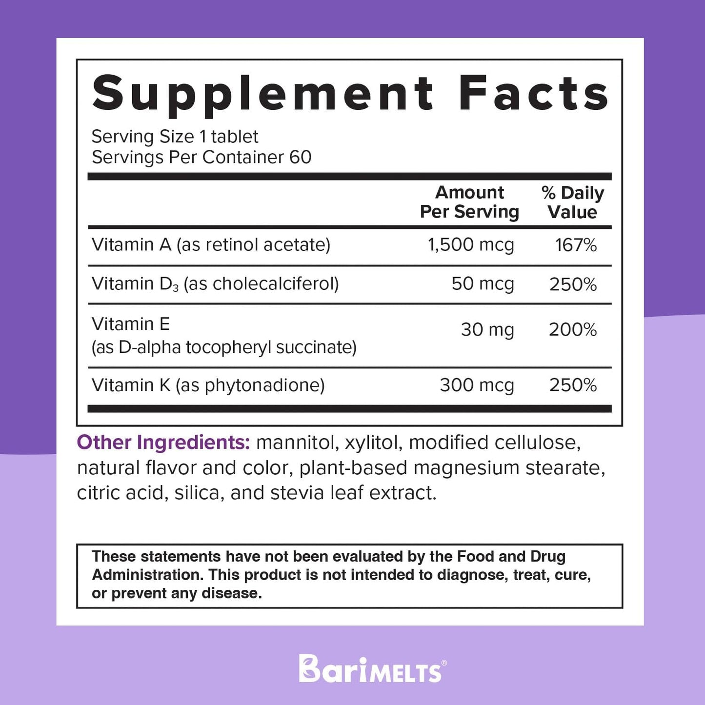 BariMelts ADEK, Dissolvable Bariatric Vitamins  60 Fast Melting Tablets