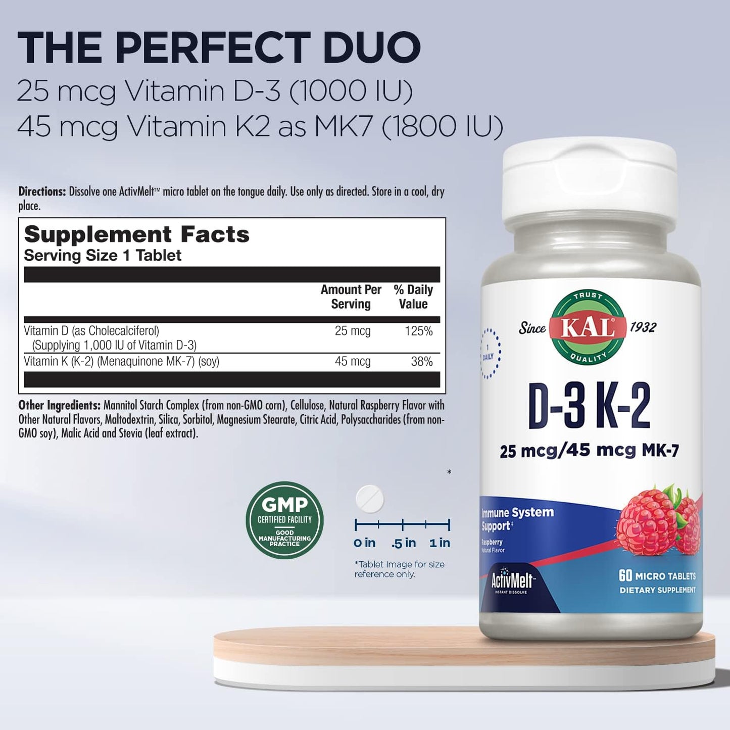 KAL Vitamin D3 K2 ActivMelt, Bone Health, Heart and Immune Support 60 count