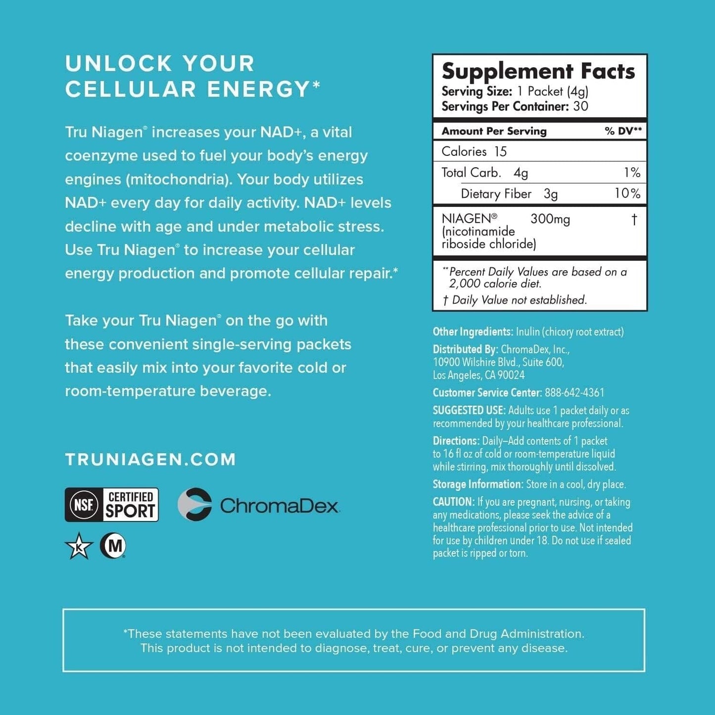 TRU NIAGEN Multi Award Winning Patented NAD+ Boosting Supplement Nicotinamide Riboside Powder NR for On-The-Go. Cellular Energy, Repair, Healthy Aging - 30ct/300mg - Good Source of Fiber