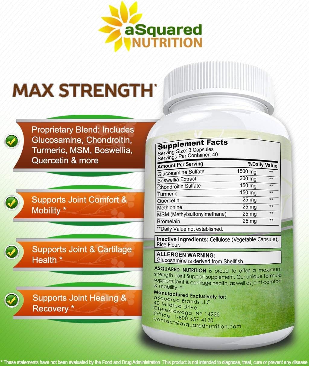 aSquared Nutrition Glucosamine Chondroitin Turmeric MSM Boswellia - 120 Capsules