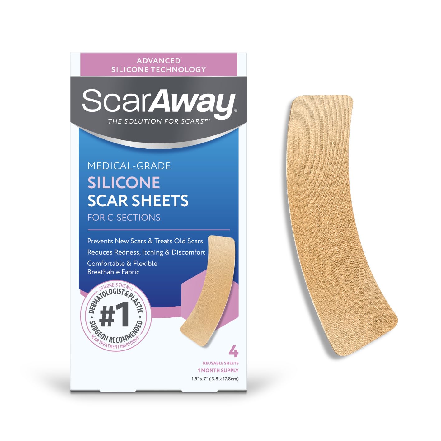 ScarAway Advanced Silicone Scar Sheets for C-Section  (1.5” x 7”) -  4 Sheets