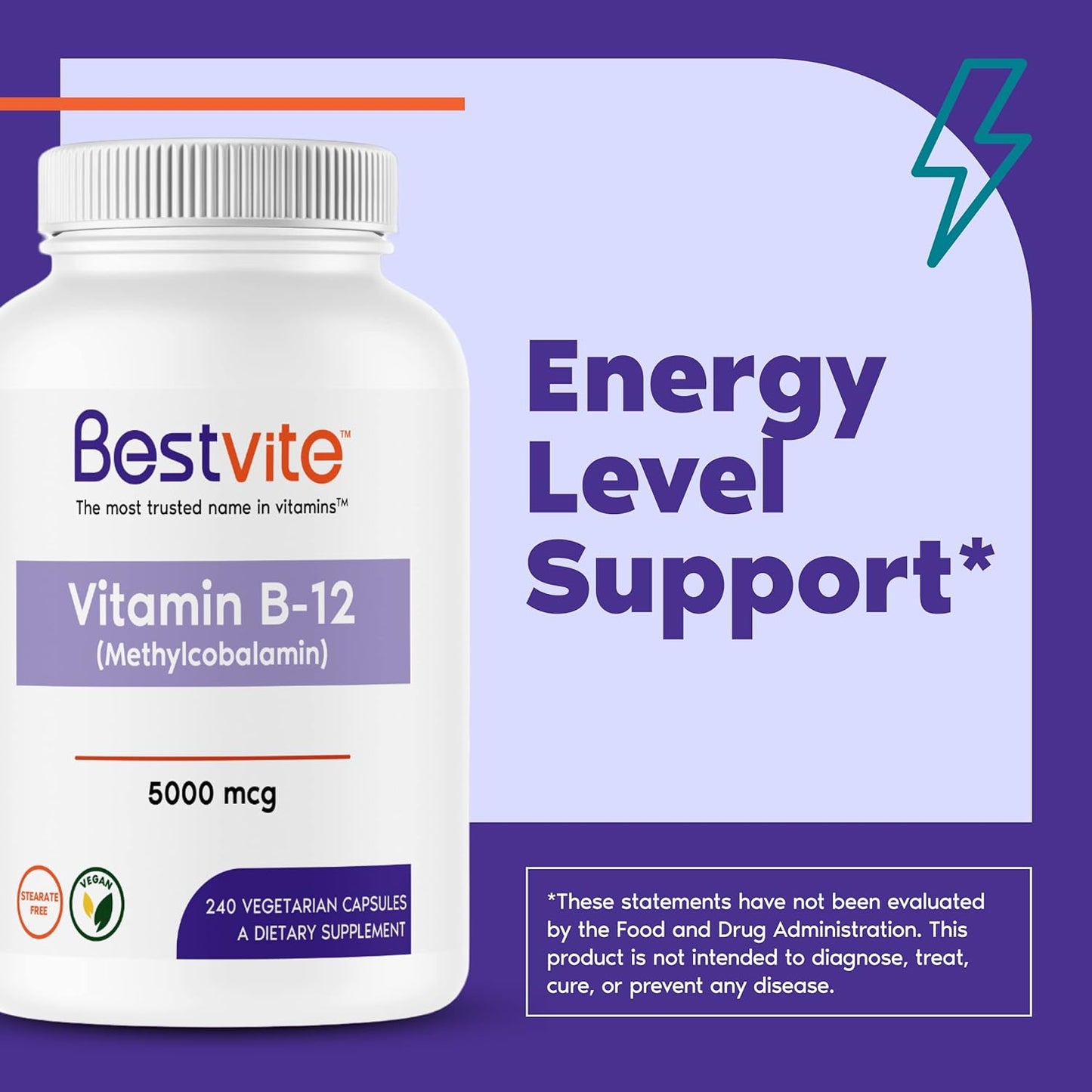 BESTVITE Vitamin B12 (Methylcobalamin) 5000mcg (240 Vegetarian Capsules)