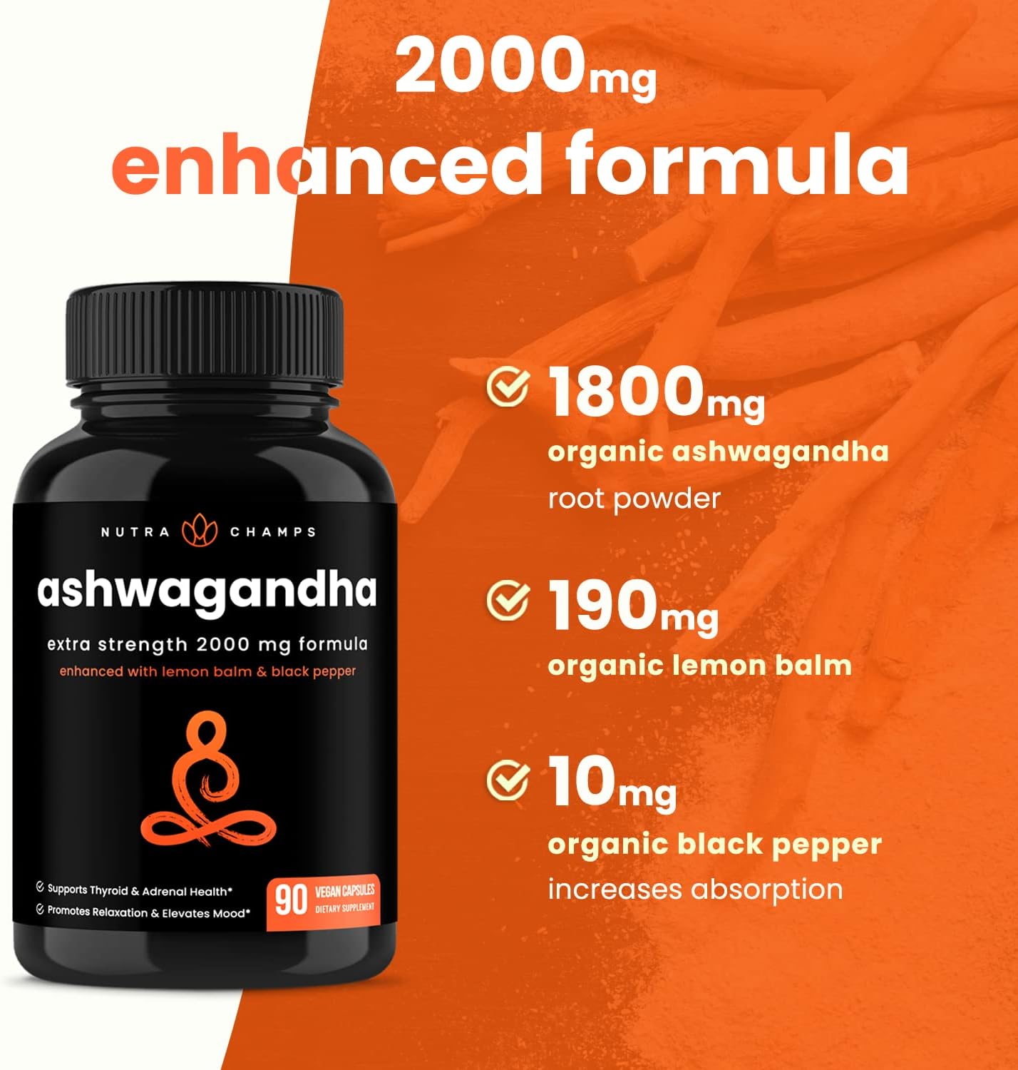 Organic Ashwagandha Capsules | 2000mg Adrenal Fatigue, 90 count