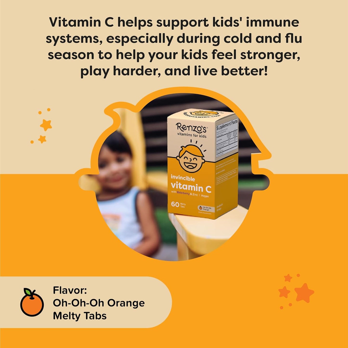 Renzo's Invincible Vitamin C for Kids with Elderberry & Zinc -60  Melty Tabs
