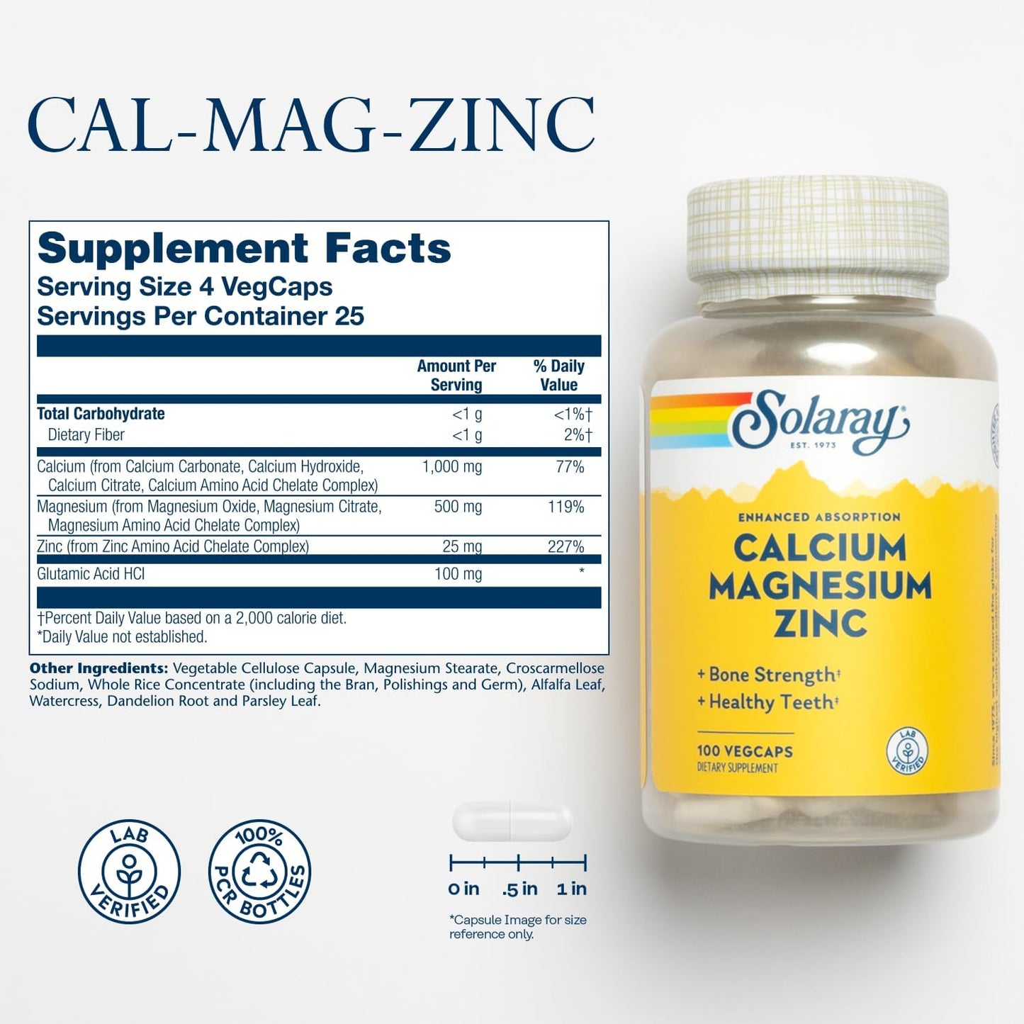 Solaray Calcium, Magnesium, Zinc | High Absorption with Glutamic Acid