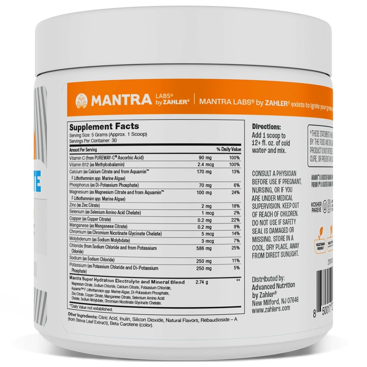 Mantra By Zahler Game-Changing, Great-Tasting, Sugar-Free Hydration Supplement, Lemonade Flavor, 30 Servings.