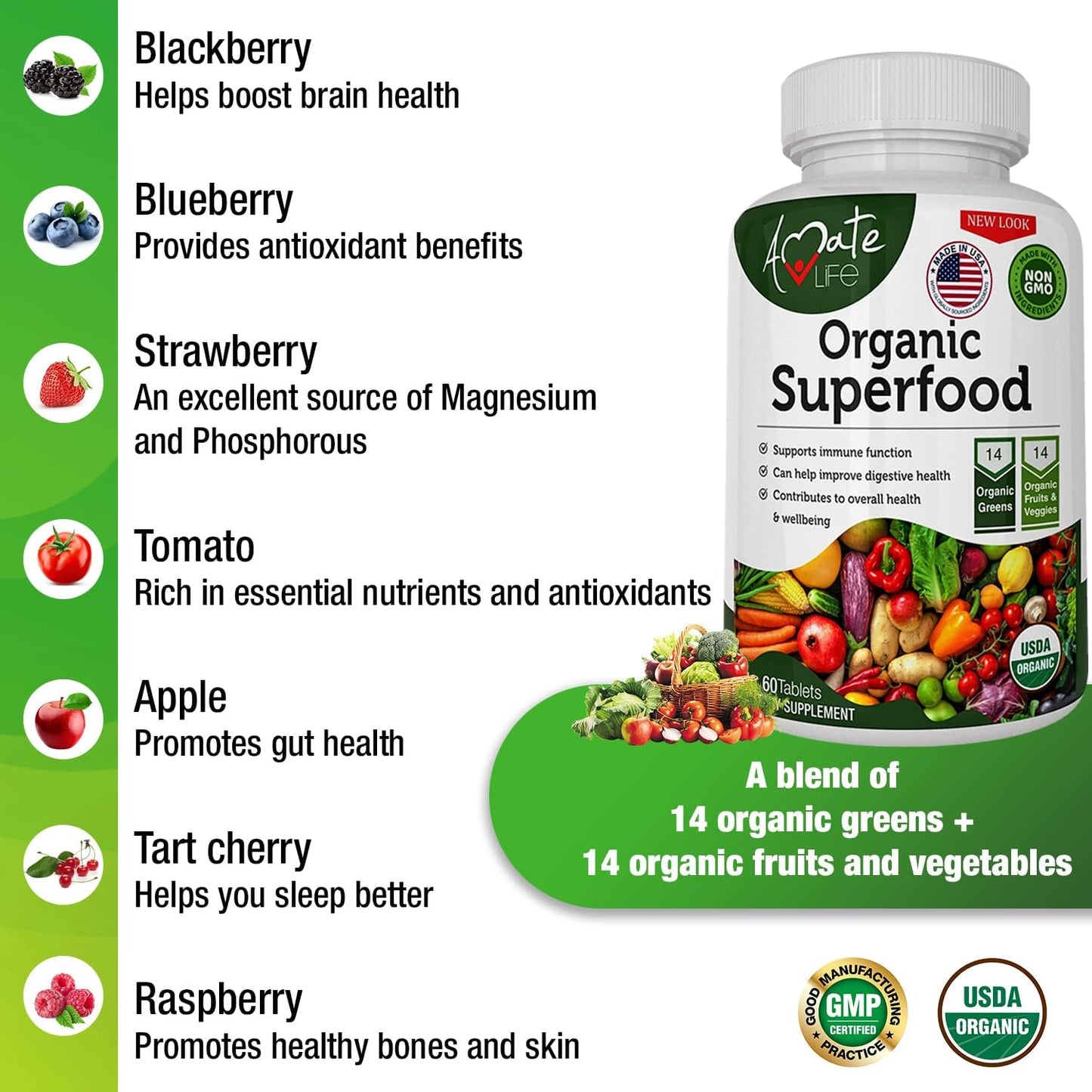 Organic Superfood Greens Fruits and Veggies Complex  60 Tablets