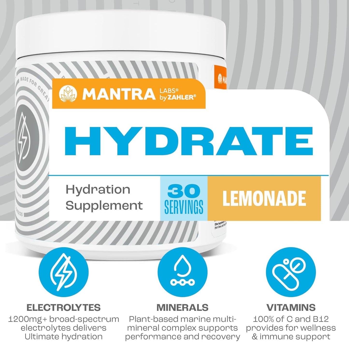 Mantra By Zahler Game-Changing, Great-Tasting, Sugar-Free Hydration Supplement, Lemonade Flavor, 30 Servings.