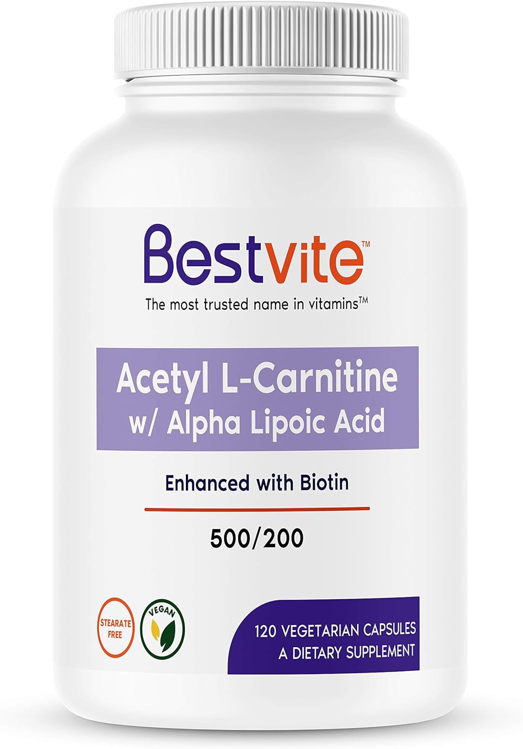 BESTVITE Acetyl L-Carnitine 500mg & Alpha Lipoic Acid 200mg per Capsule with Biotin (120 Vegetarian Capsules)