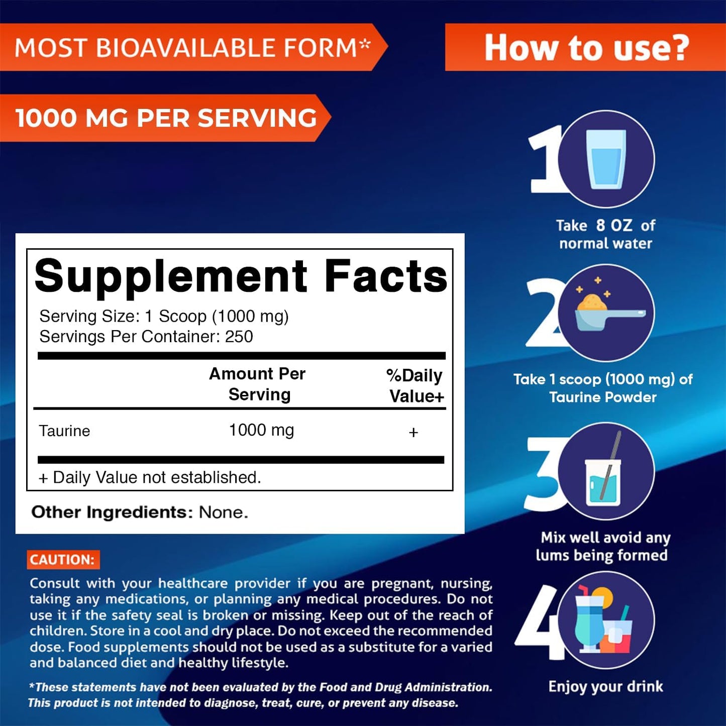 Vitamatic Pure Taurine 1000mg  -8.8 oz