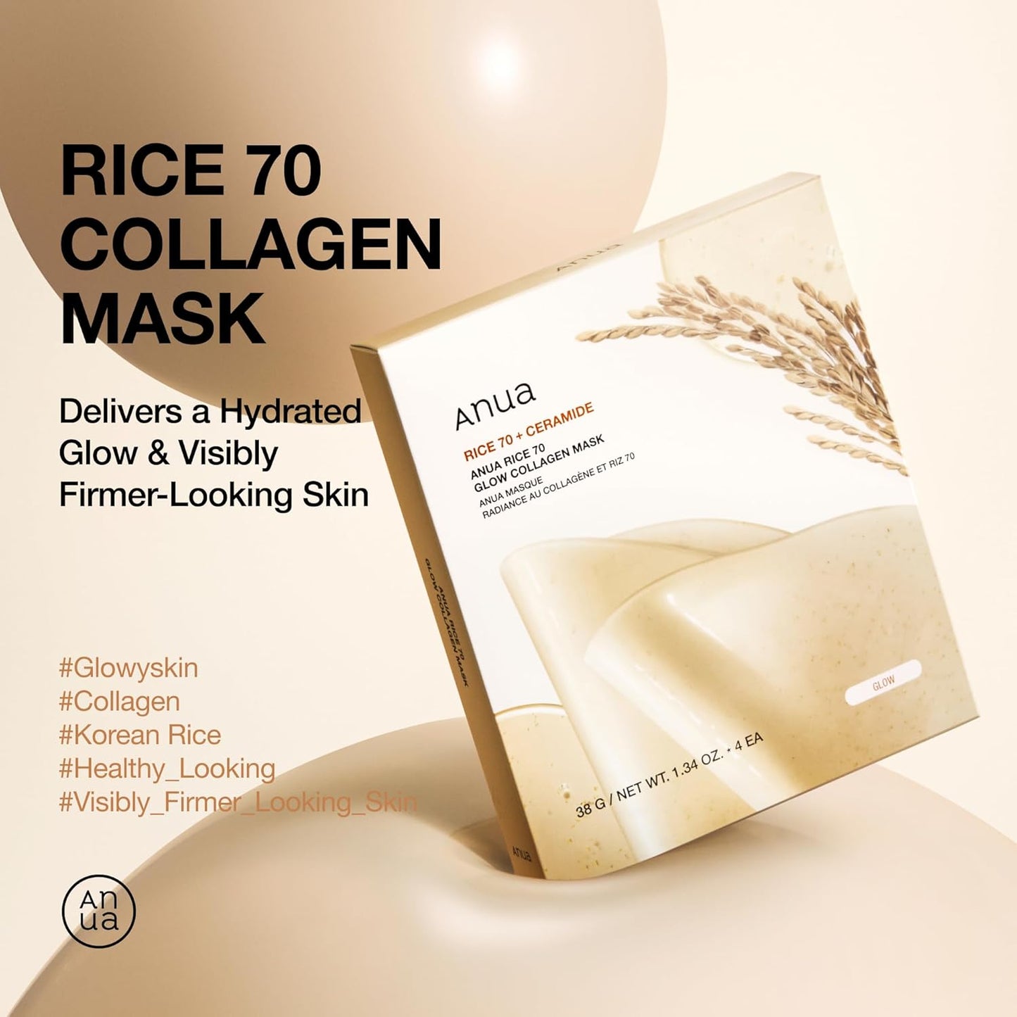ANUA Rice 70 Glow Collagen Mask  - 4ea