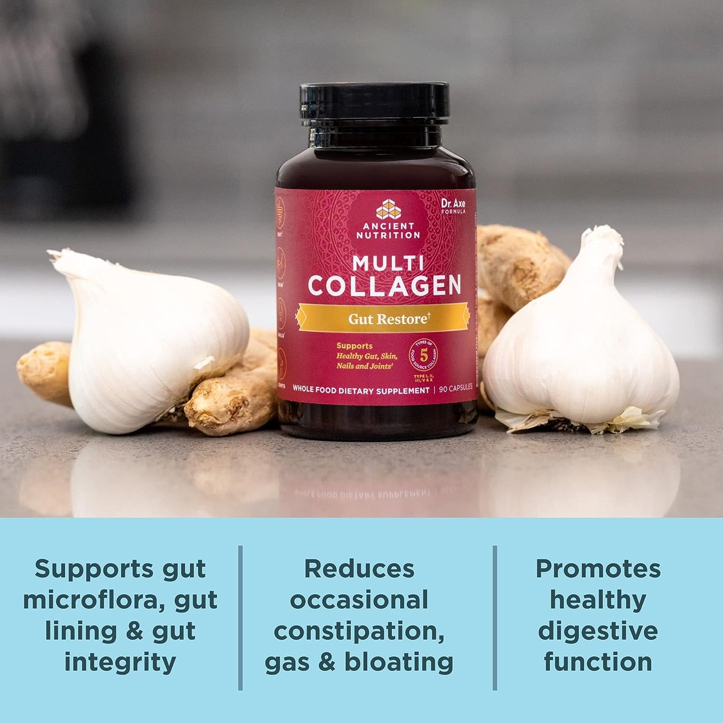 Ancient Nutrition Collagen Pills with Probiotics for Gut Health, Multi Collagen Capsules Gut Restore 90 Count