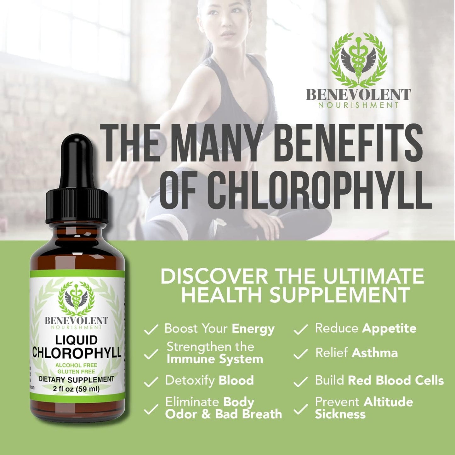 Benevolent Chlorophyll Liquid Drops - 100% Natural + 4X Potency Concentration for Energy Boost,2 floz