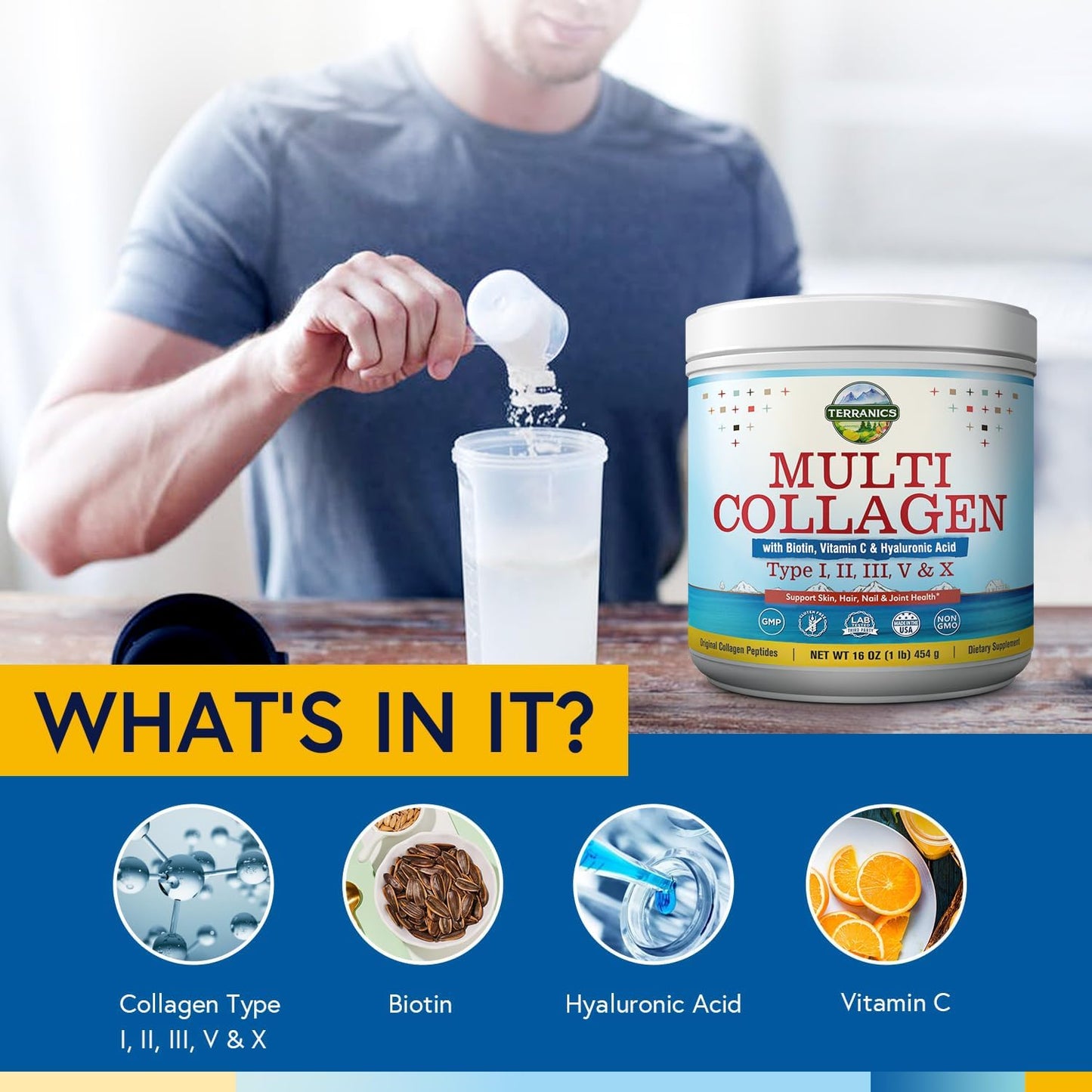 Terranics Multi Collagen Powder Type I II II V X with Biotin VC Hyaluronic Acid,16 oz